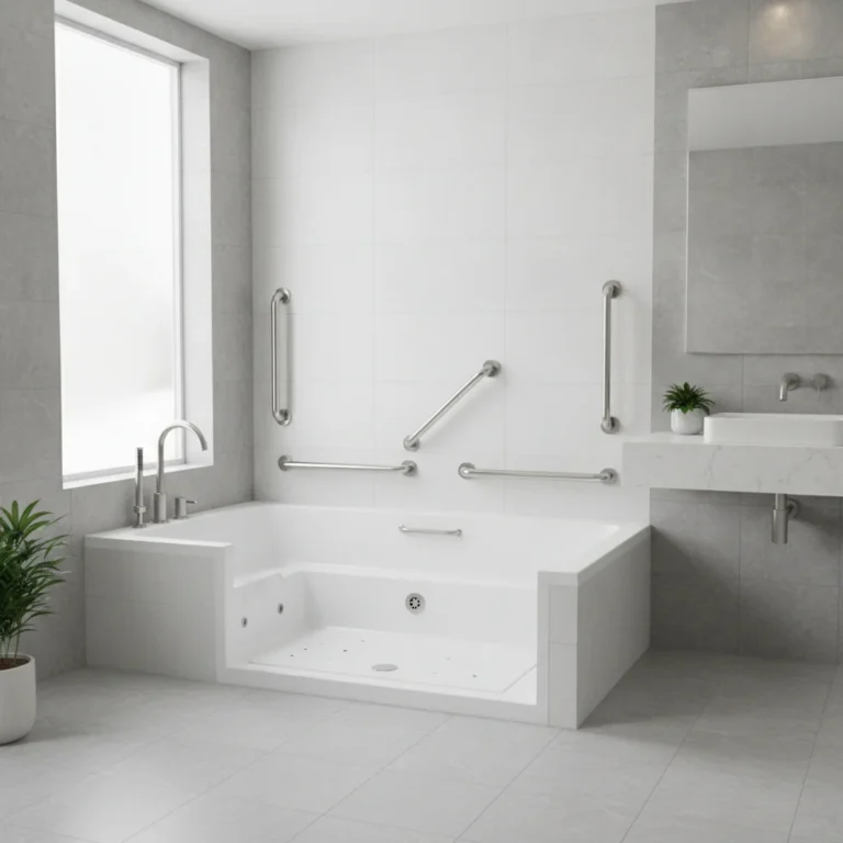 A modern, clean walk-in bathtub with safety features like grab bars and a low threshold installed in a bright, contemporary bathroom in Mamaroneck, NY. The focus is on functionality and aesthetics, no text, no free standing bathtubs, no watermarks, no hospital style bathrooms, no cluttered spaces, no low light, clear and inviting.