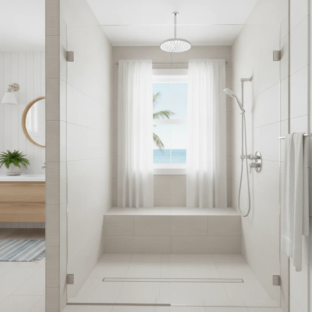 A modern, spacious walk-in shower with clear frameless glass, light-colored large format tiles, a built-in bench, a sleek rain showerhead, and subtle chrome fixtures, within a bright, coastal-inspired bathroom. The overall aesthetic is clean, elegant, and highly accessible.