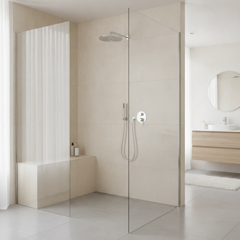 A modern, spacious walk-in shower with clear frameless glass, light-colored large format tiles, a built-in bench, a sleek rain showerhead, and subtle chrome fixtures, within a bright, coastal-inspired bathroom. The overall aesthetic is clean, elegant, and highly accessible. NO text in image, NO free standing bathtubs, NO watermarks, NO dark shadows, NO outdated tile patterns, NO shower curtains.